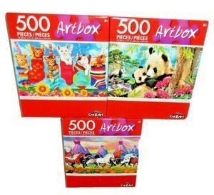 Lot Of 3 Artbox CraZart 500 Piece Jigsaw Puzzles Horses Pandas Kittens 8.25 x 11